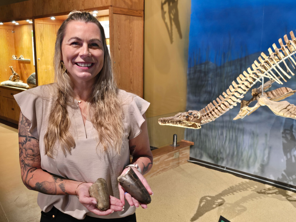 a woman is holding two thick pointy fossils standing in a museum a woman is holding two thick pointy fossils standing in a museum
